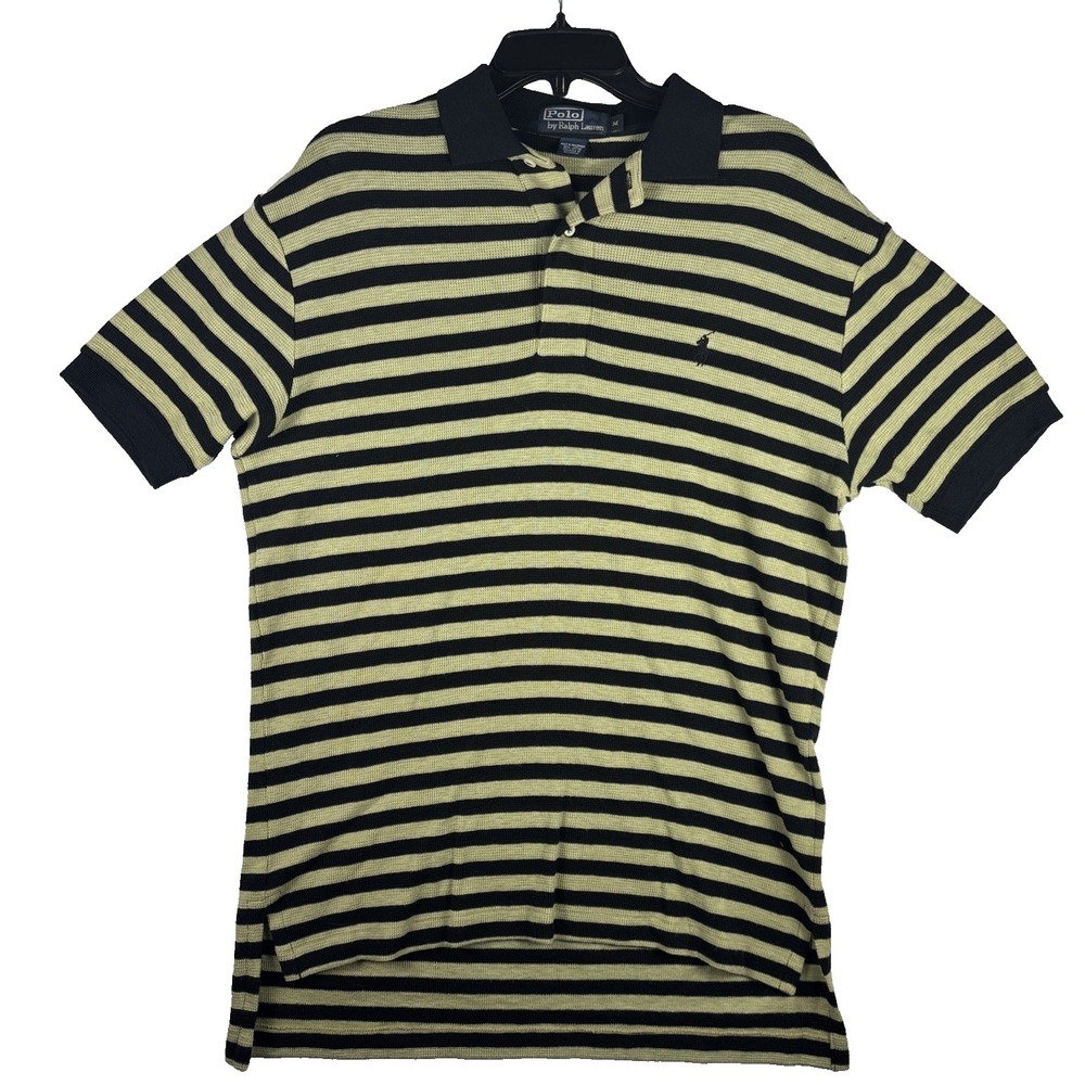 Vtg Polo Ralph Lauren Striped Waffle‎ Knit Shirt Medium Black Khaki Striped Y2K - Picture 2 of 9